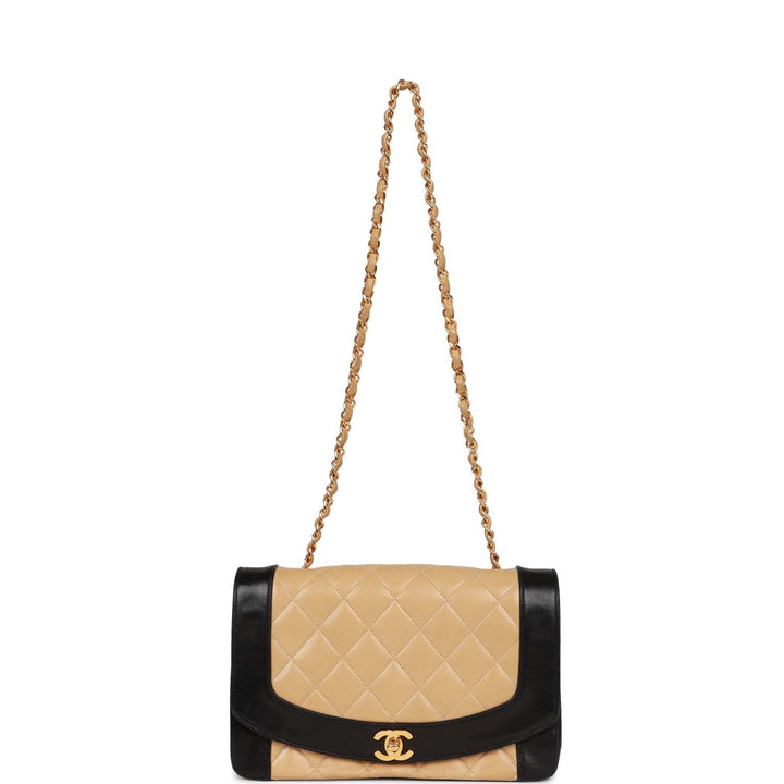 Vintage Top Quality Chanel Medium Diana Flap Bag Black and Beige Lambskin Gold Hardware