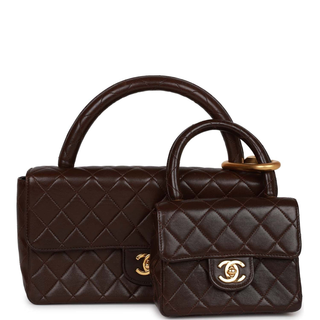 Vintage Top Quality Chanel Kelly Parent and Child Flap Bag Set Brown Lambskin Gold Hardware