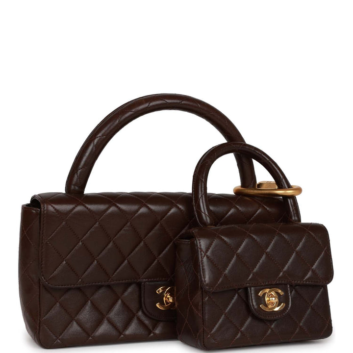 Vintage Top Quality Chanel Kelly Parent and Child Flap Bag Set Brown Lambskin Gold Hardware