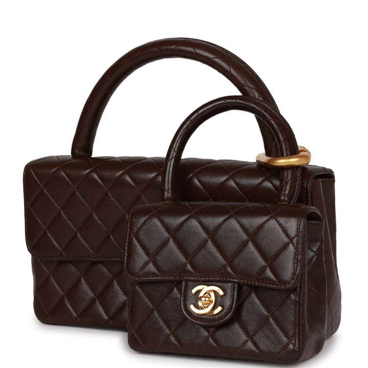 Vintage Top Quality Chanel Kelly Parent and Child Flap Bag Set Brown Lambskin Gold Hardware