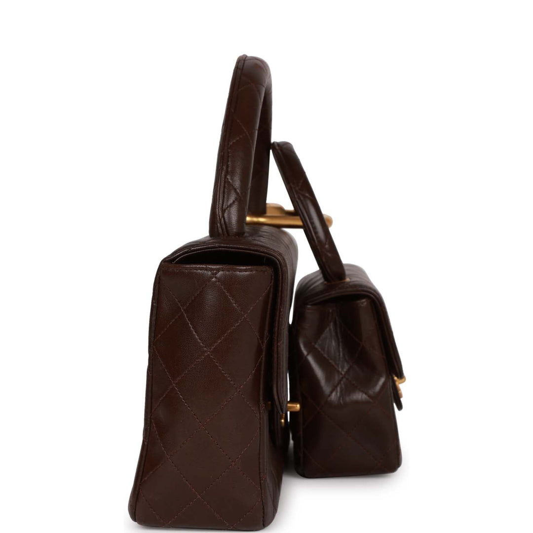 Vintage Top Quality Chanel Kelly Parent and Child Flap Bag Set Brown Lambskin Gold Hardware