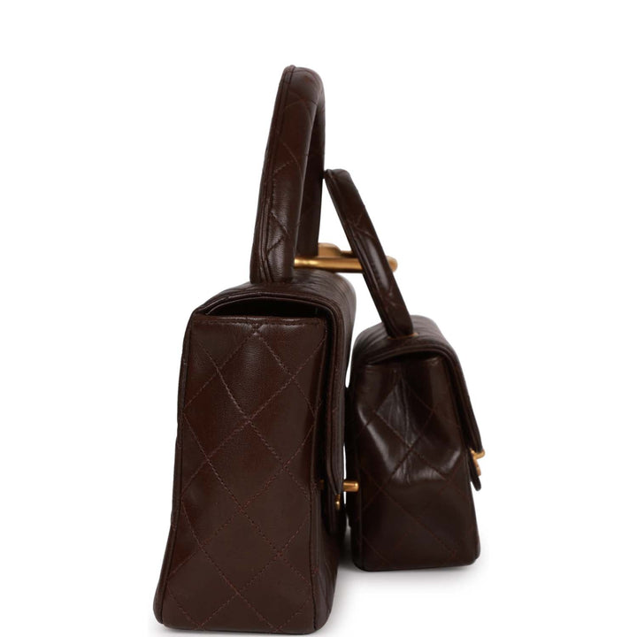 Vintage Top Quality Chanel Kelly Parent and Child Flap Bag Set Brown Lambskin Gold Hardware