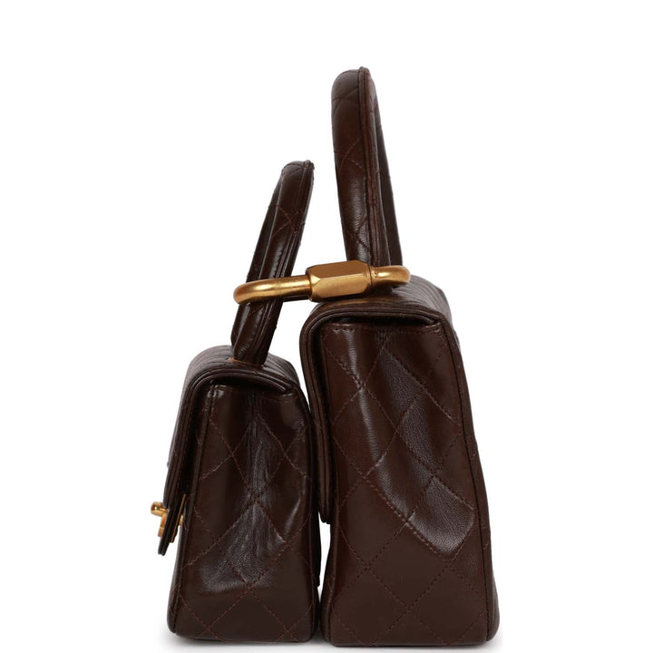 Vintage Top Quality Chanel Kelly Parent and Child Flap Bag Set Brown Lambskin Gold Hardware