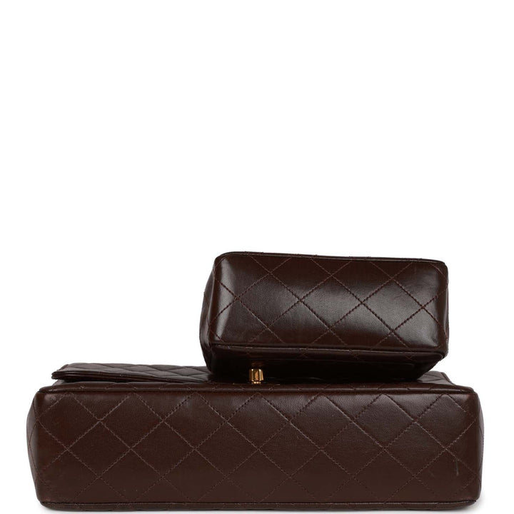 Vintage Top Quality Chanel Kelly Parent and Child Flap Bag Set Brown Lambskin Gold Hardware