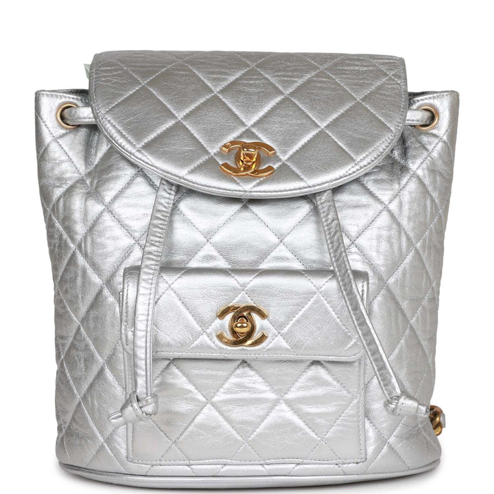 Vintage Top Quality Chanel Duma Backpack Silver Metallic Lambskin Gold Hardware
