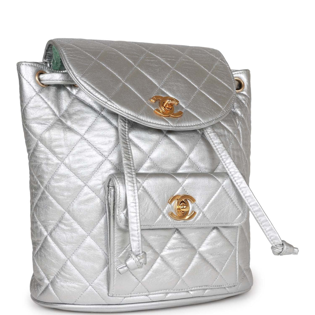 Vintage Top Quality Chanel Duma Backpack Silver Metallic Lambskin Gold Hardware