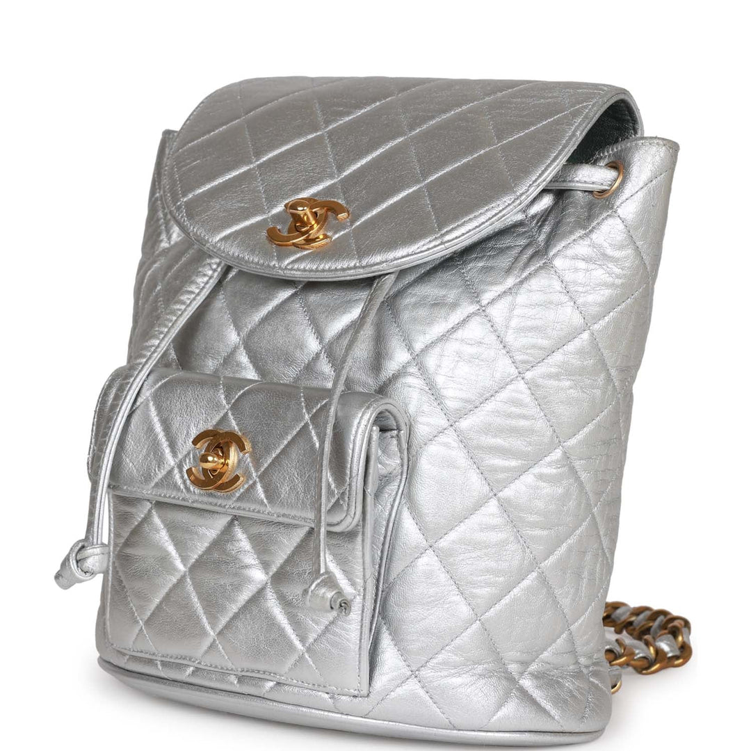Vintage Top Quality Chanel Duma Backpack Silver Metallic Lambskin Gold Hardware