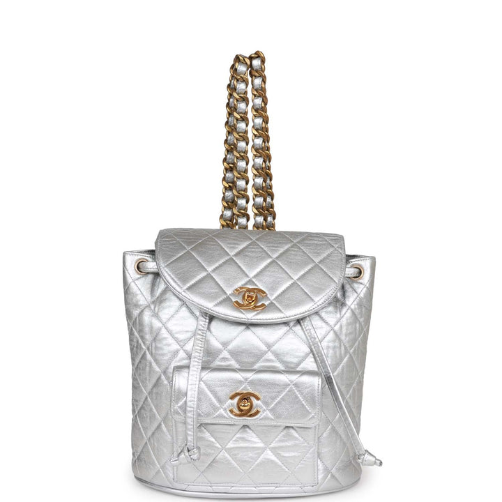 Vintage Top Quality Chanel Duma Backpack Silver Metallic Lambskin Gold Hardware