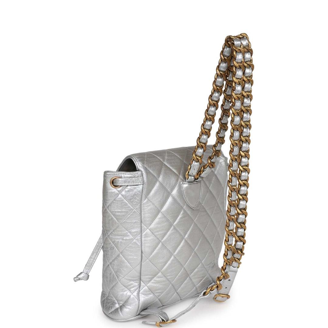 Vintage Top Quality Chanel Duma Backpack Silver Metallic Lambskin Gold Hardware