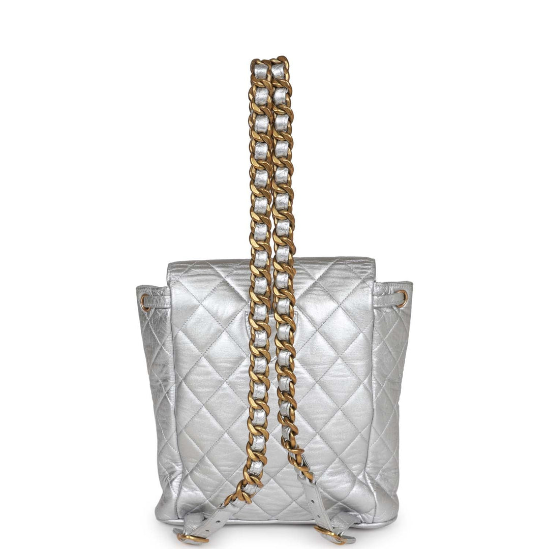 Vintage Top Quality Chanel Duma Backpack Silver Metallic Lambskin Gold Hardware