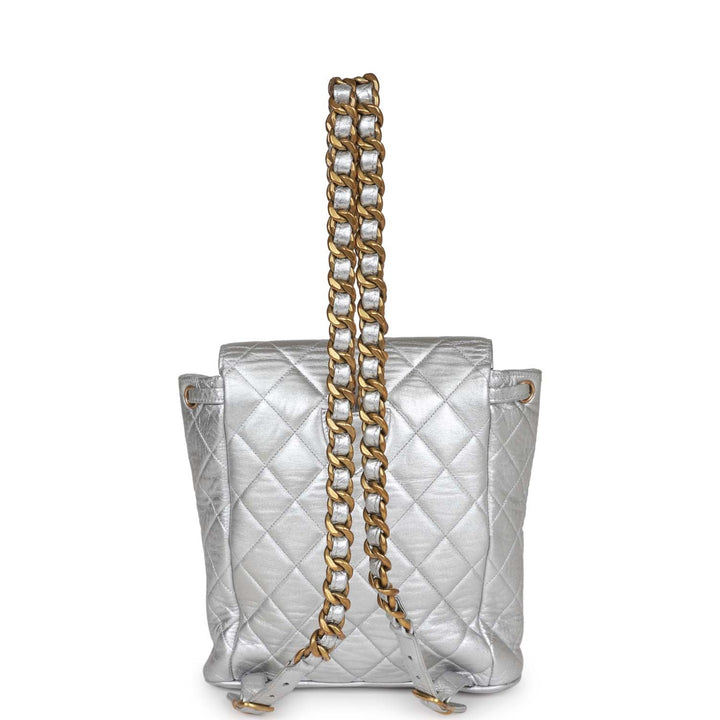 Vintage Top Quality Chanel Duma Backpack Silver Metallic Lambskin Gold Hardware