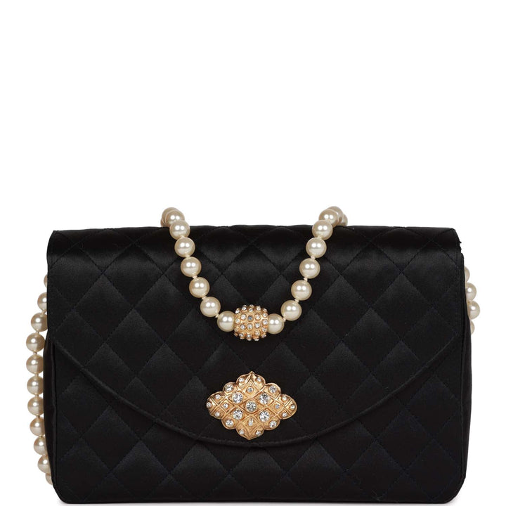 Vintage Top Quality Chanel Gripoix Pearl Chain Bag Black Satin Gold Hardware