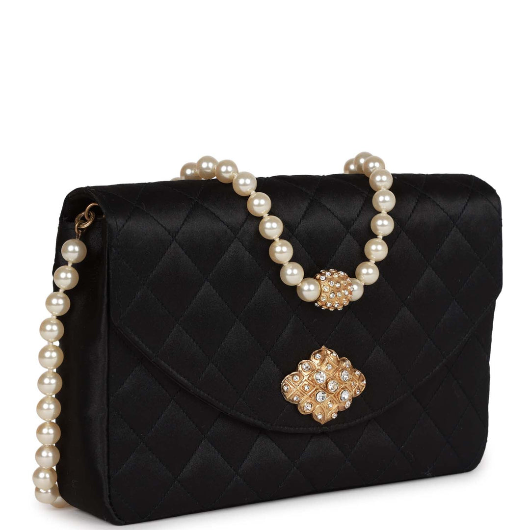 Vintage Top Quality Chanel Gripoix Pearl Chain Bag Black Satin Gold Hardware