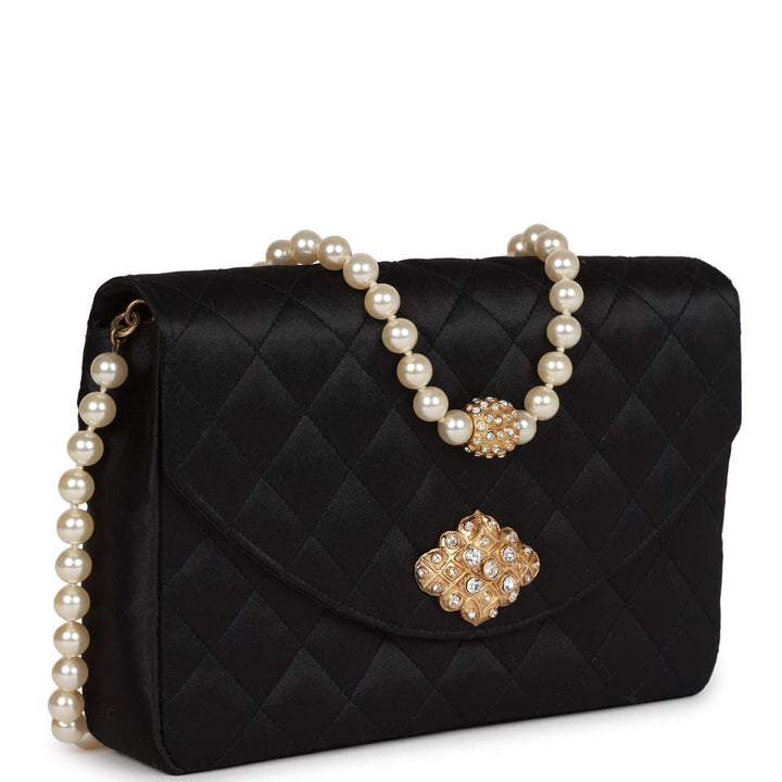 Vintage Top Quality Chanel Gripoix Pearl Chain Bag Black Satin Gold Hardware