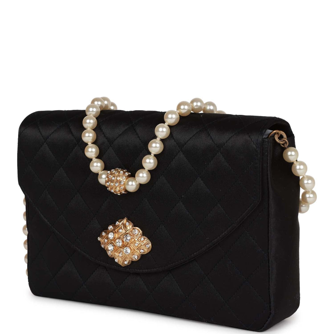 Vintage Top Quality Chanel Gripoix Pearl Chain Bag Black Satin Gold Hardware