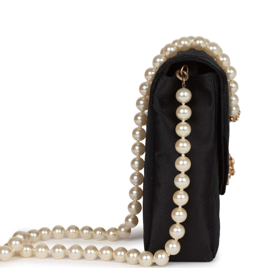 Vintage Top Quality Chanel Gripoix Pearl Chain Bag Black Satin Gold Hardware