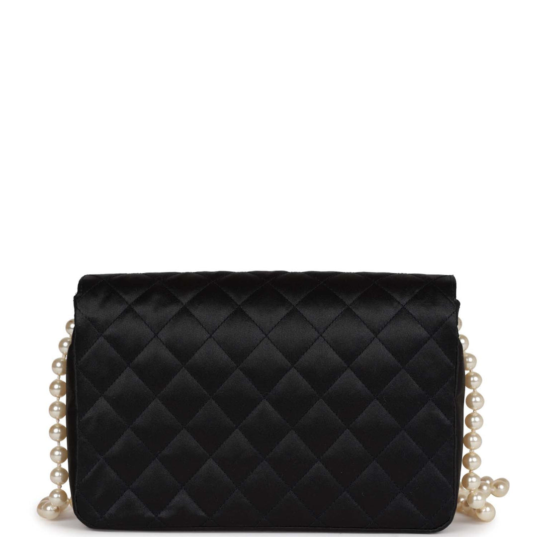 Vintage Top Quality Chanel Gripoix Pearl Chain Bag Black Satin Gold Hardware