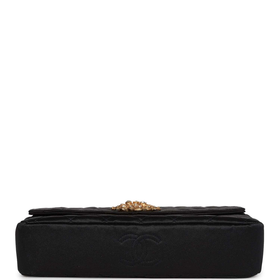 Vintage Top Quality Chanel Gripoix Pearl Chain Bag Black Satin Gold Hardware