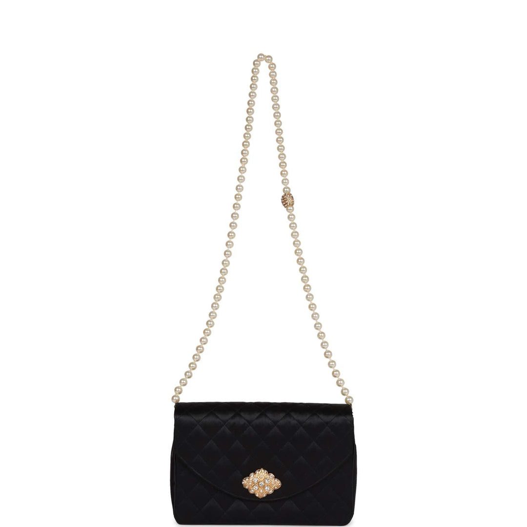 Vintage Top Quality Chanel Gripoix Pearl Chain Bag Black Satin Gold Hardware
