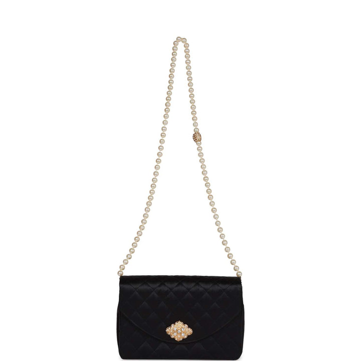 Vintage Top Quality Chanel Gripoix Pearl Chain Bag Black Satin Gold Hardware