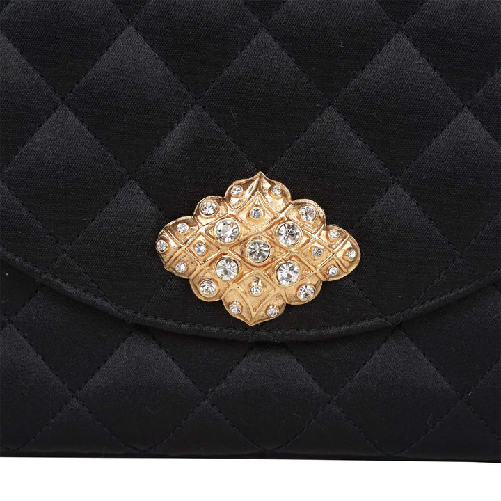 Vintage Top Quality Chanel Gripoix Pearl Chain Bag Black Satin Gold Hardware