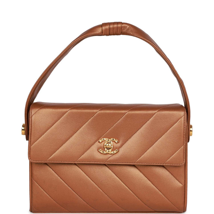 Vintage Top Quality Chanel Flap Bag Bronze Diagonal Quilted Calfskin Gold Hardware