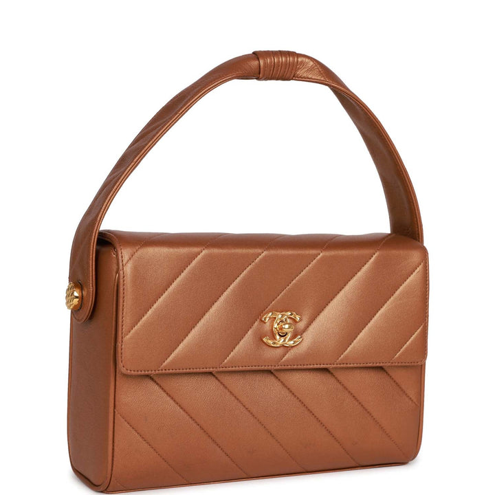 Vintage Top Quality Chanel Flap Bag Bronze Diagonal Quilted Calfskin Gold Hardware