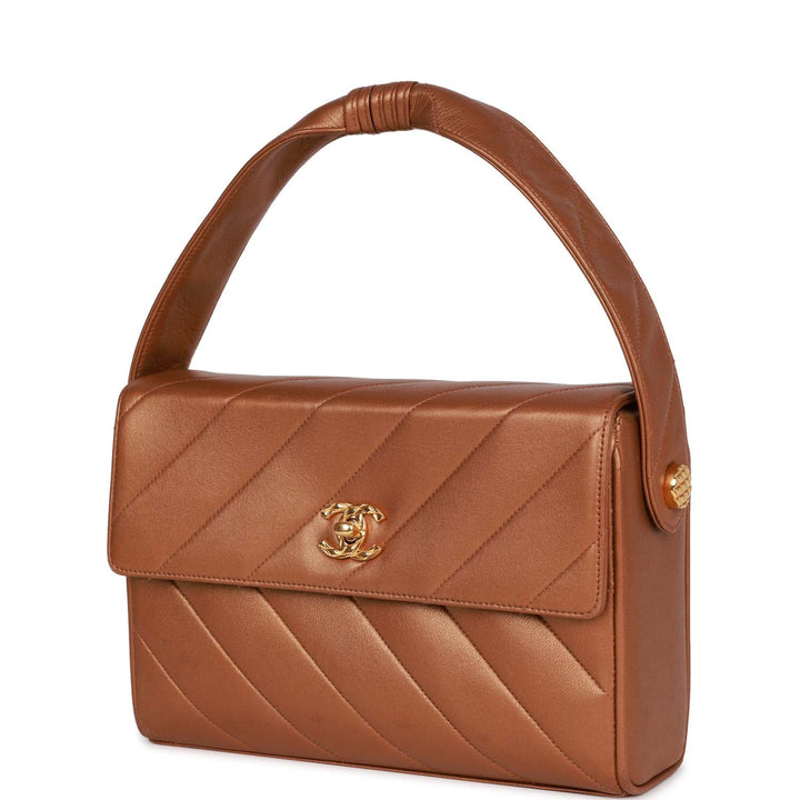 Vintage Top Quality Chanel Flap Bag Bronze Diagonal Quilted Calfskin Gold Hardware