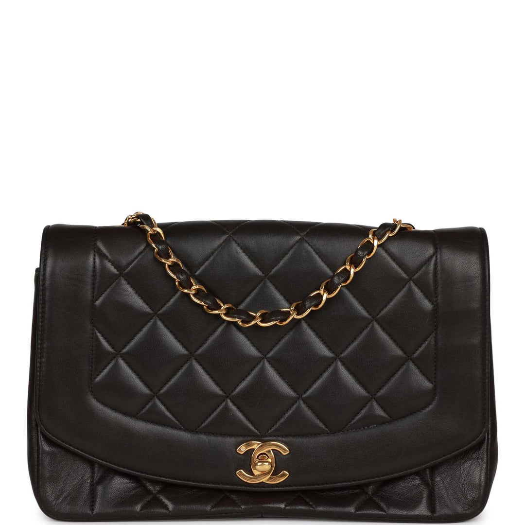 Vintage Top Quality Chanel Medium Diana Flap Bag Black Lambskin Gold Hardware