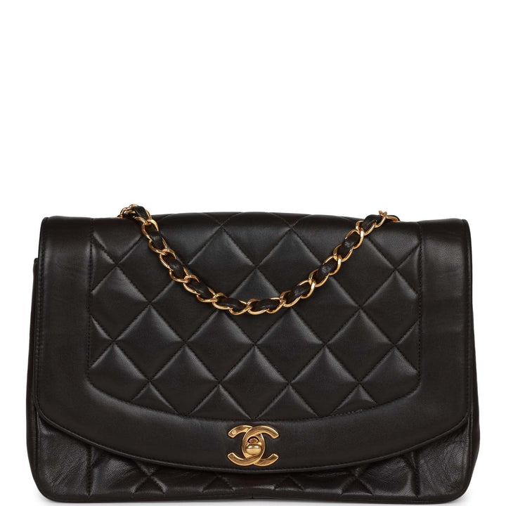 Vintage Top Quality Chanel Medium Diana Flap Bag Black Lambskin Gold Hardware