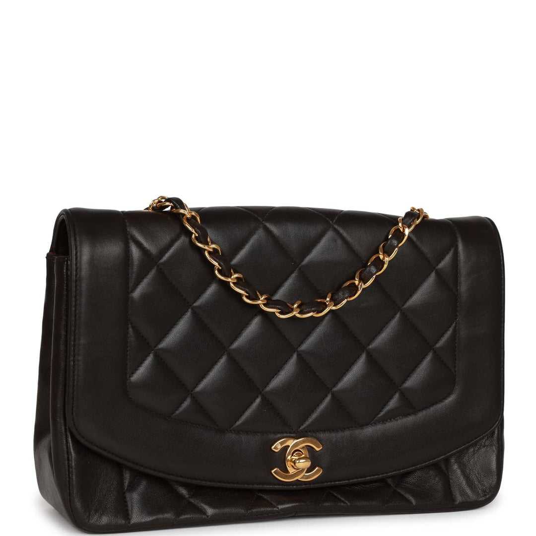 Vintage Top Quality Chanel Medium Diana Flap Bag Black Lambskin Gold Hardware
