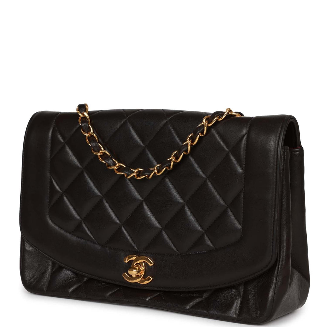 Vintage Top Quality Chanel Medium Diana Flap Bag Black Lambskin Gold Hardware