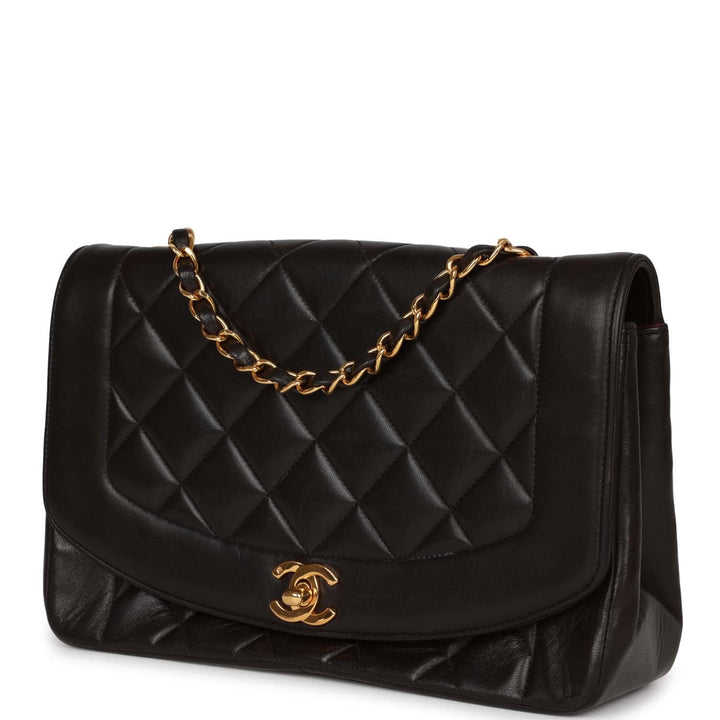 Vintage Top Quality Chanel Medium Diana Flap Bag Black Lambskin Gold Hardware