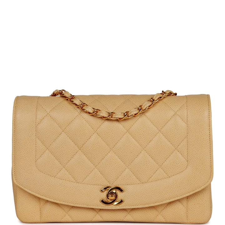 Vintage Top Quality Chanel Medium Diana Flap Bag Beige Caviar Gold Hardware