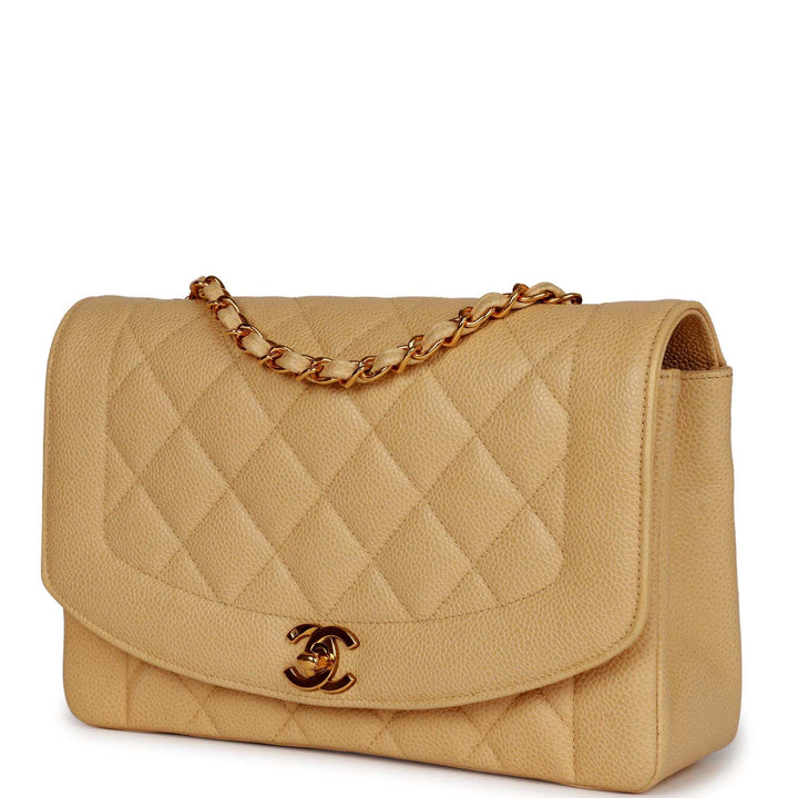 Vintage Top Quality Chanel Medium Diana Flap Bag Beige Caviar Gold Hardware