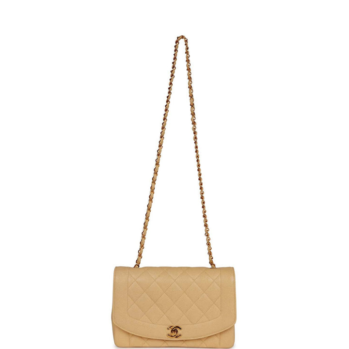 Vintage Top Quality Chanel Medium Diana Flap Bag Beige Caviar Gold Hardware