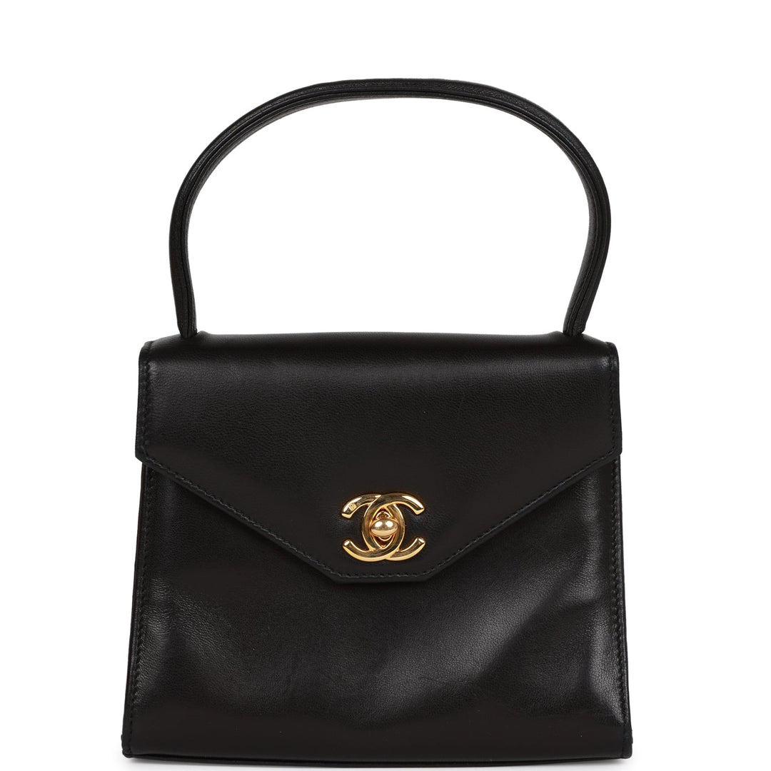 Vintage Top Quality Chanel Flap Bag with Top Handle Black Lambskin Gold Hardware