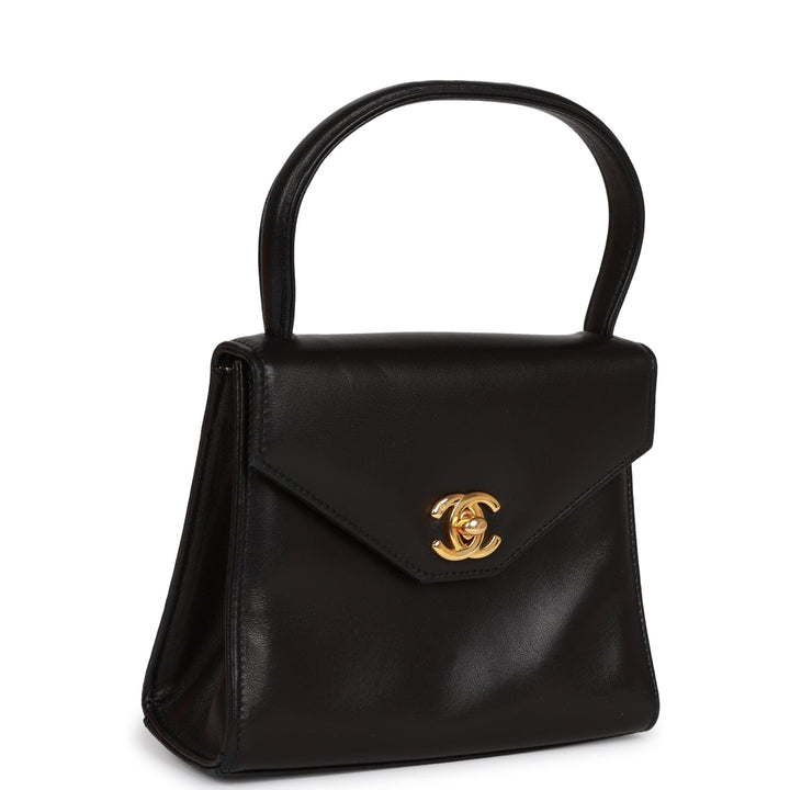 Vintage Top Quality Chanel Flap Bag with Top Handle Black Lambskin Gold Hardware