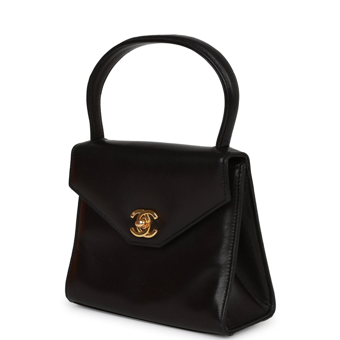 Vintage Top Quality Chanel Flap Bag with Top Handle Black Lambskin Gold Hardware