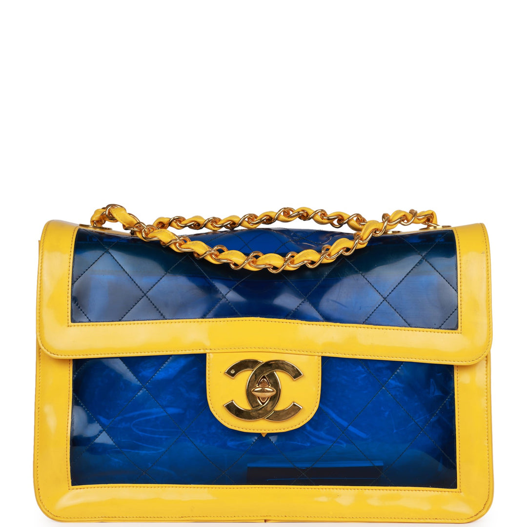 Vintage Top Quality Chanel Maxi Flap Bag Yellow/Blue Quilted Patent Leather Gold Hardware