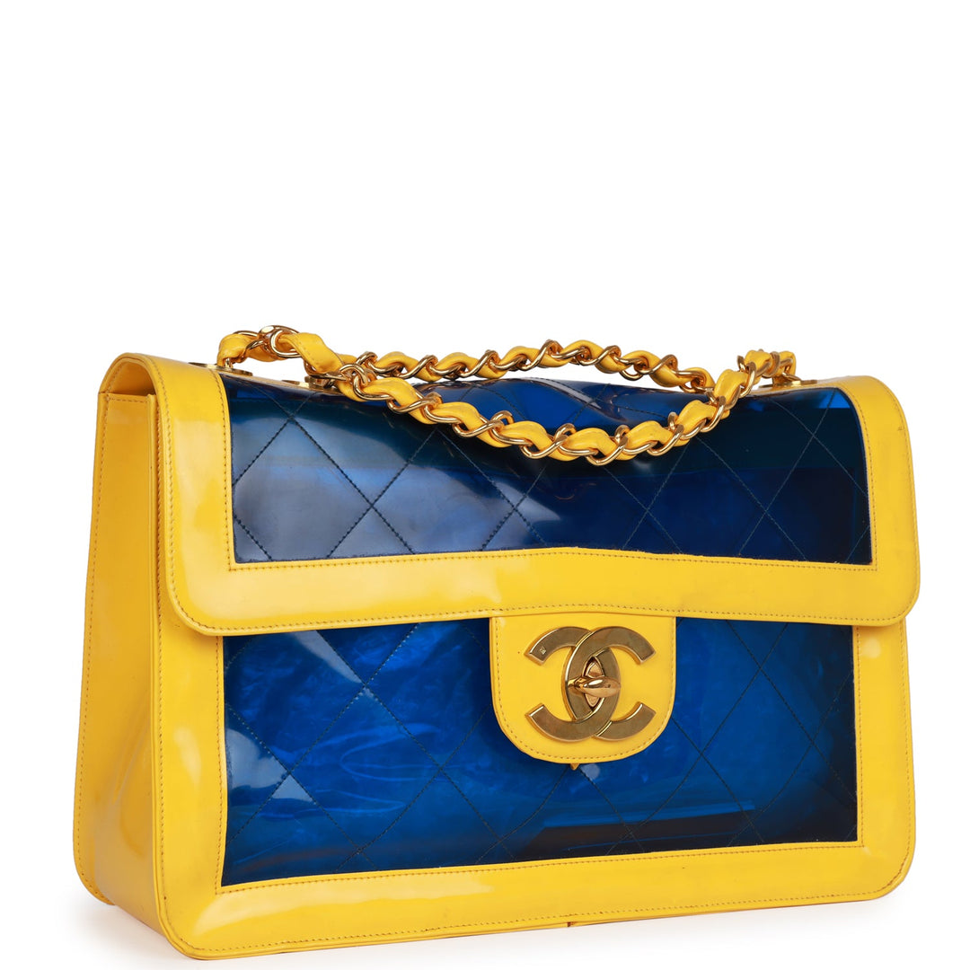 Vintage Top Quality Chanel Maxi Flap Bag Yellow/Blue Quilted Patent Leather Gold Hardware