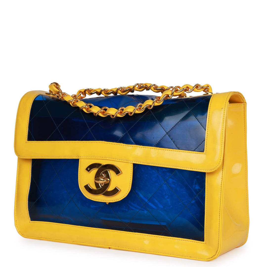 Vintage Top Quality Chanel Maxi Flap Bag Yellow/Blue Quilted Patent Leather Gold Hardware