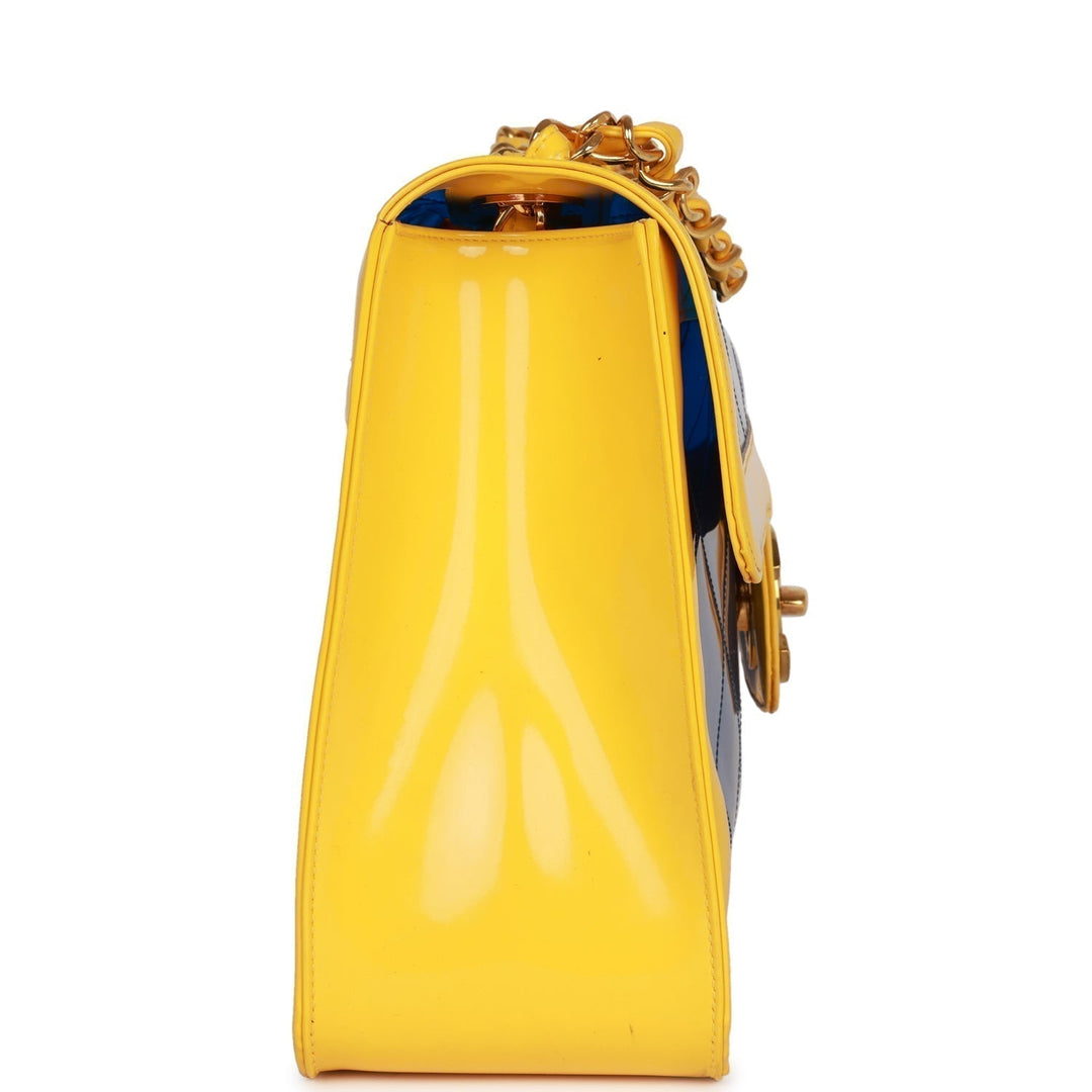 Vintage Top Quality Chanel Maxi Flap Bag Yellow/Blue Quilted Patent Leather Gold Hardware