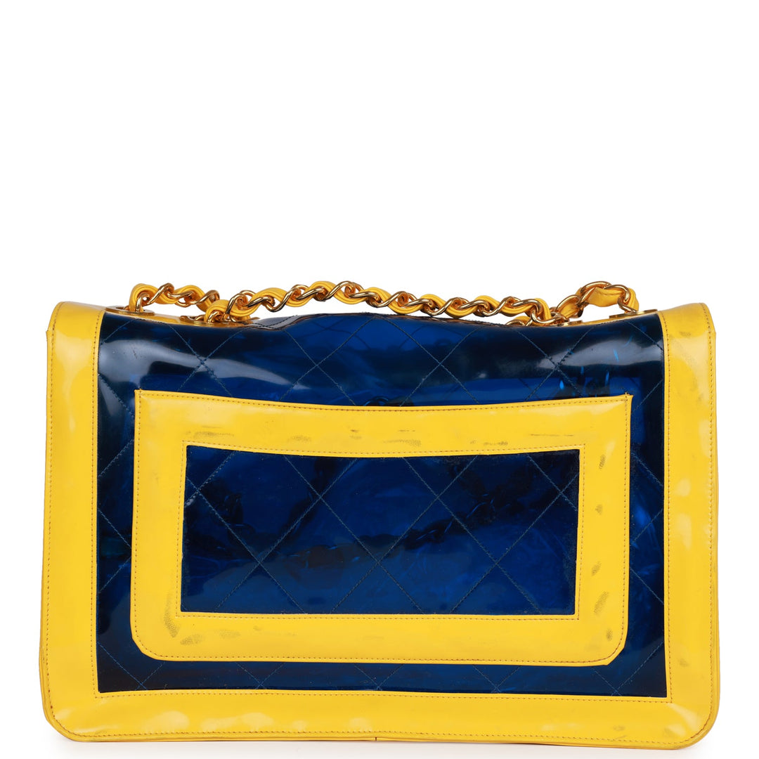 Vintage Top Quality Chanel Maxi Flap Bag Yellow/Blue Quilted Patent Leather Gold Hardware