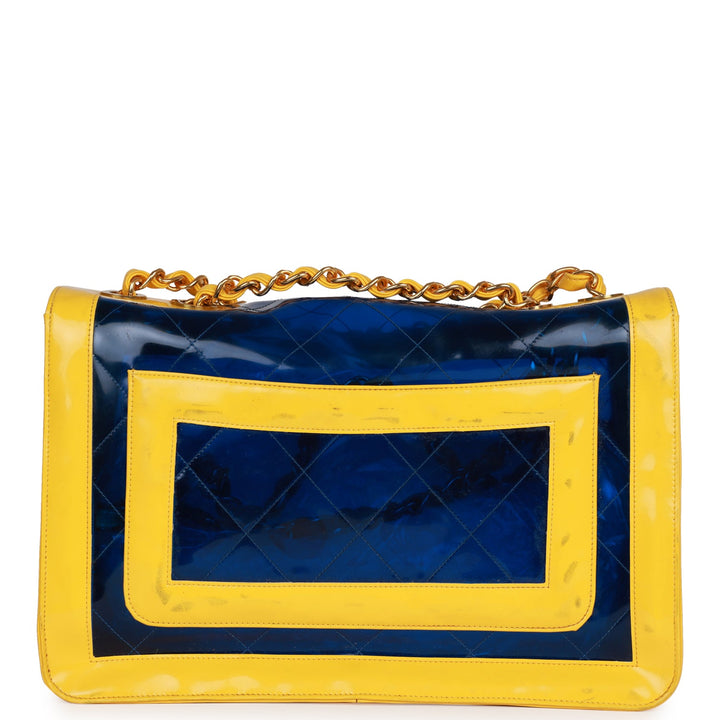 Vintage Top Quality Chanel Maxi Flap Bag Yellow/Blue Quilted Patent Leather Gold Hardware