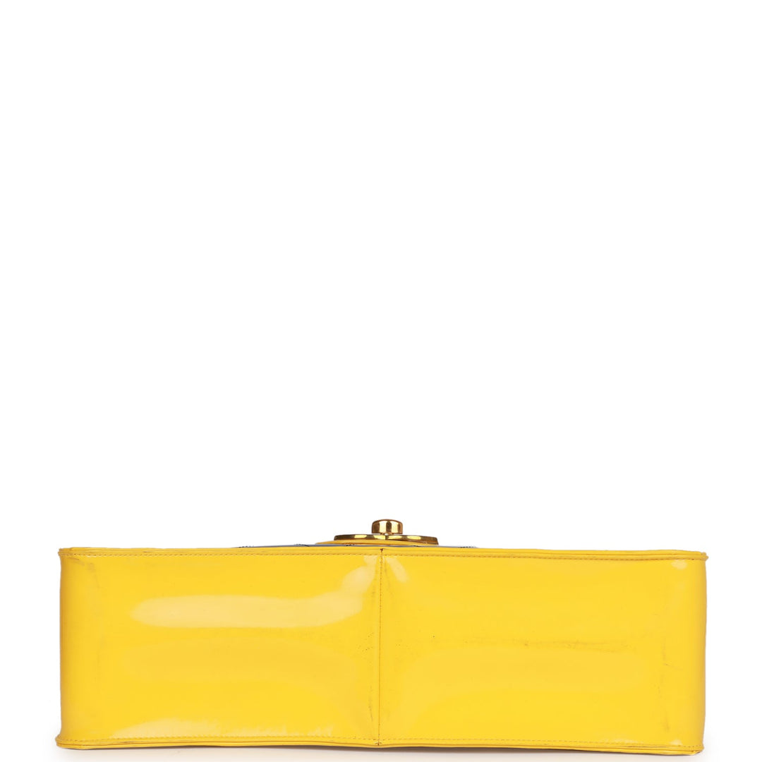 Vintage Top Quality Chanel Maxi Flap Bag Yellow/Blue Quilted Patent Leather Gold Hardware