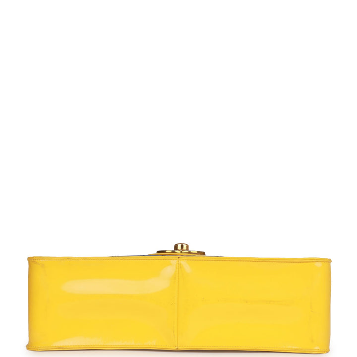 Vintage Top Quality Chanel Maxi Flap Bag Yellow/Blue Quilted Patent Leather Gold Hardware