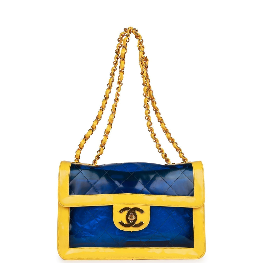 Vintage Top Quality Chanel Maxi Flap Bag Yellow/Blue Quilted Patent Leather Gold Hardware
