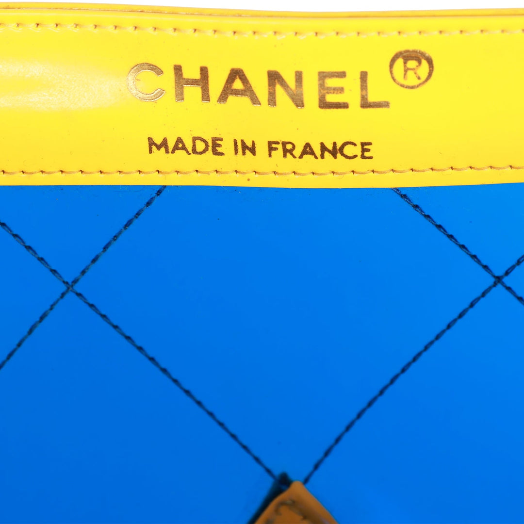 Vintage Top Quality Chanel Maxi Flap Bag Yellow/Blue Quilted Patent Leather Gold Hardware