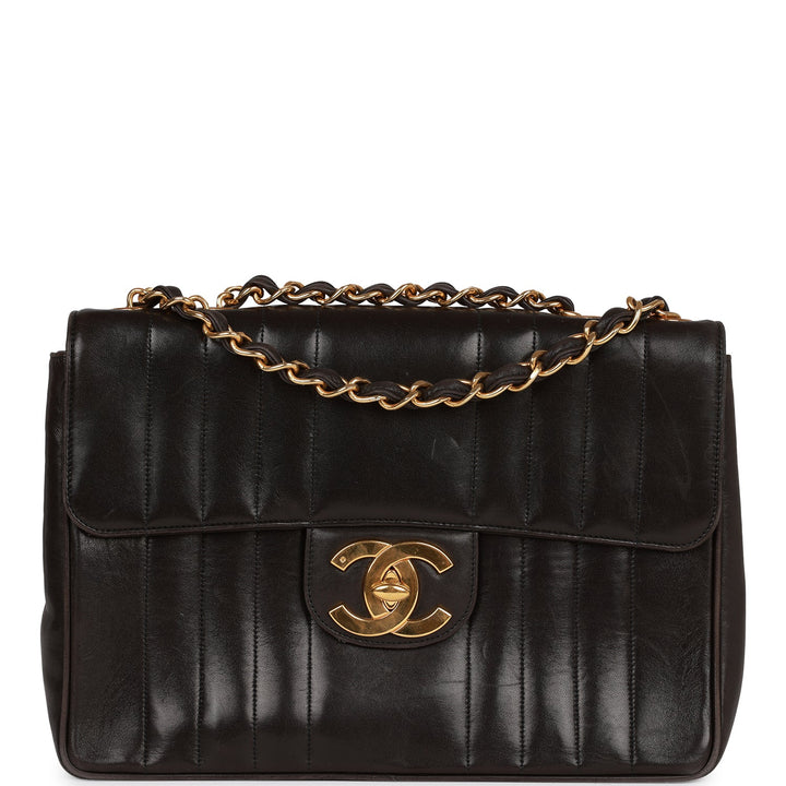 Vintage Top Quality Chanel Mademoiselle Jumbo Single Flap Black Lambskin Gold Hardware
